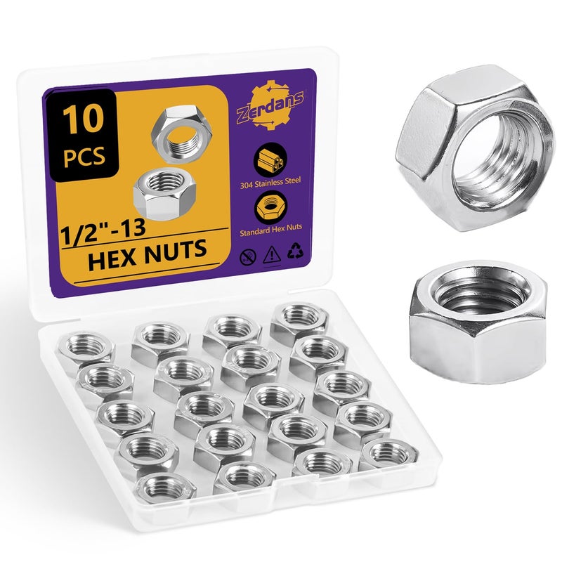 ZerDans 1/2"-13 Hex Nuts, 10Pcs 304 Stainless Steel Metal Standard Inch Hexagonal Nuts Hardware Set for Bolt for Furniture, Automotive, Industry and Construction, Full Thread - Image 1